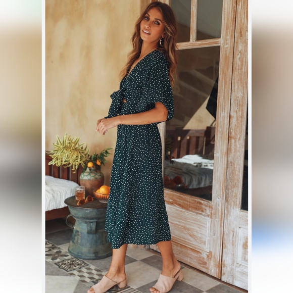 Hello Molly Stuck In Your Ways Midi Dress Green White Polka Dot Cutout Tie Front - Picture 2 of 10